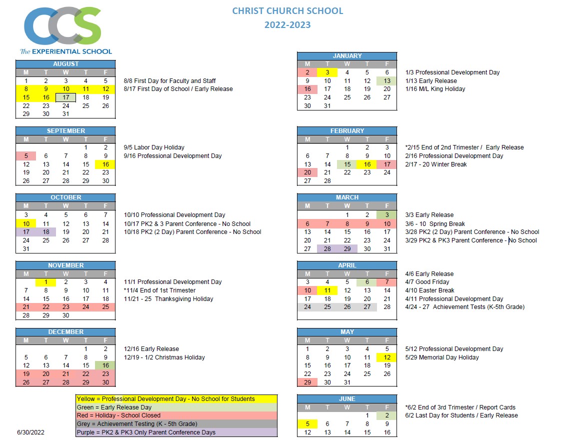 School Year Calendar Christ Church School